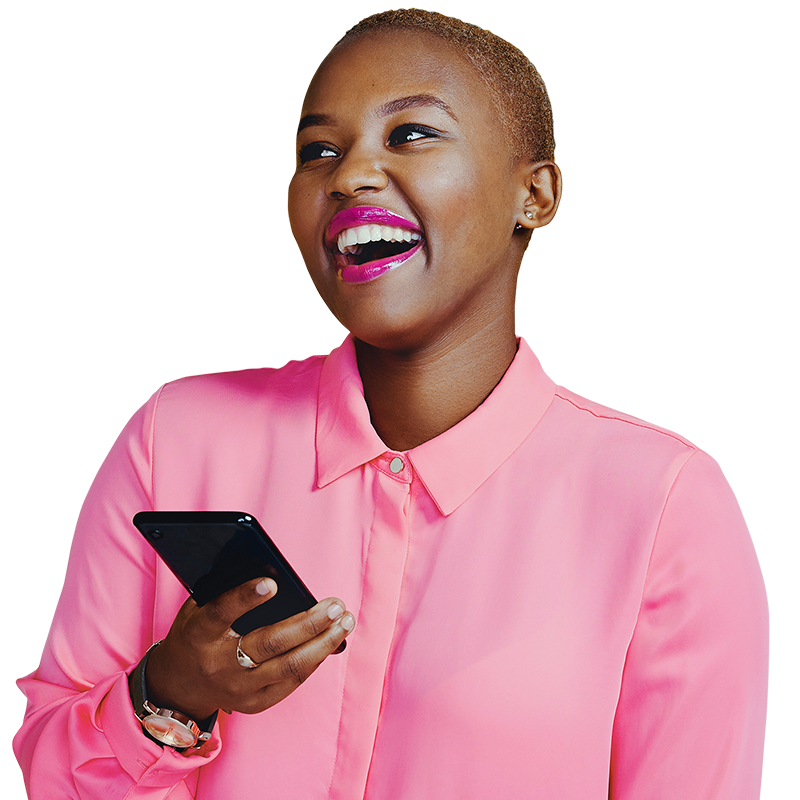 woman holding phone and smiling