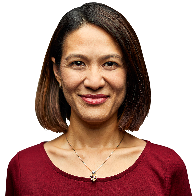Woman in red shirt
