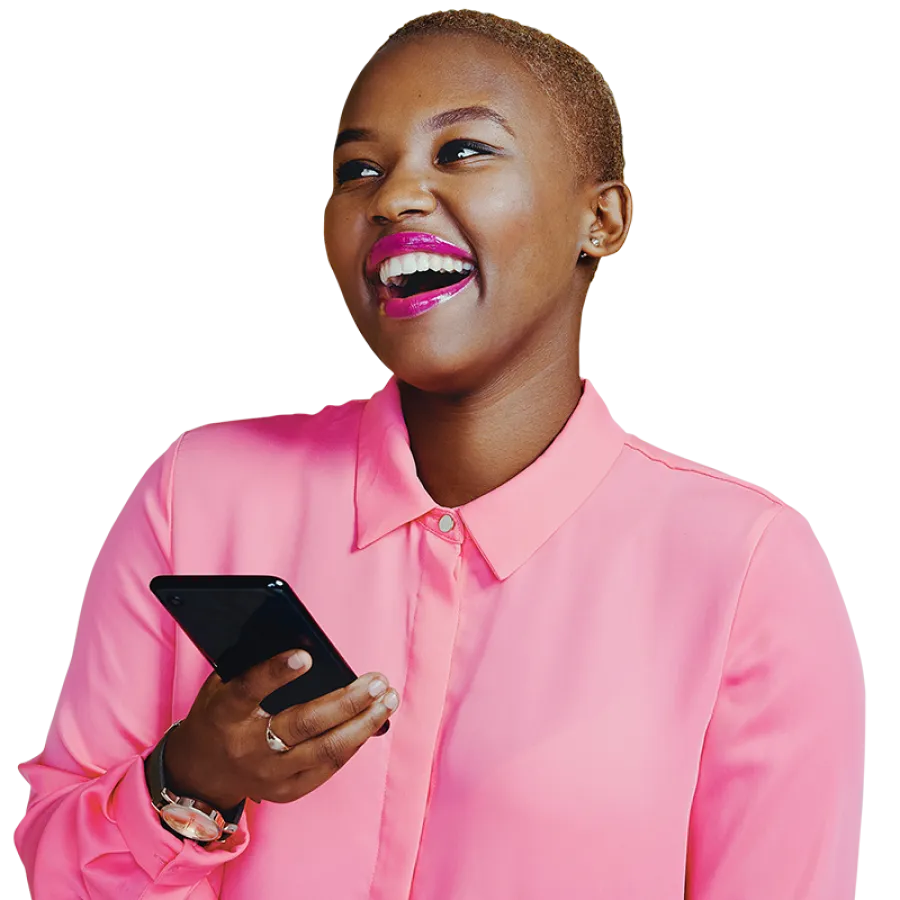 woman holding phone and smiling